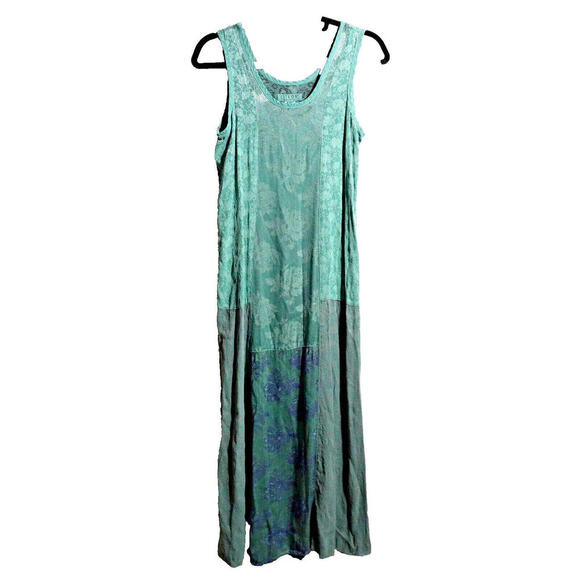Citron Santa Monica Damask Maxi Dress Sleeveless Patchwork Teal Blue Green  VTG S Women